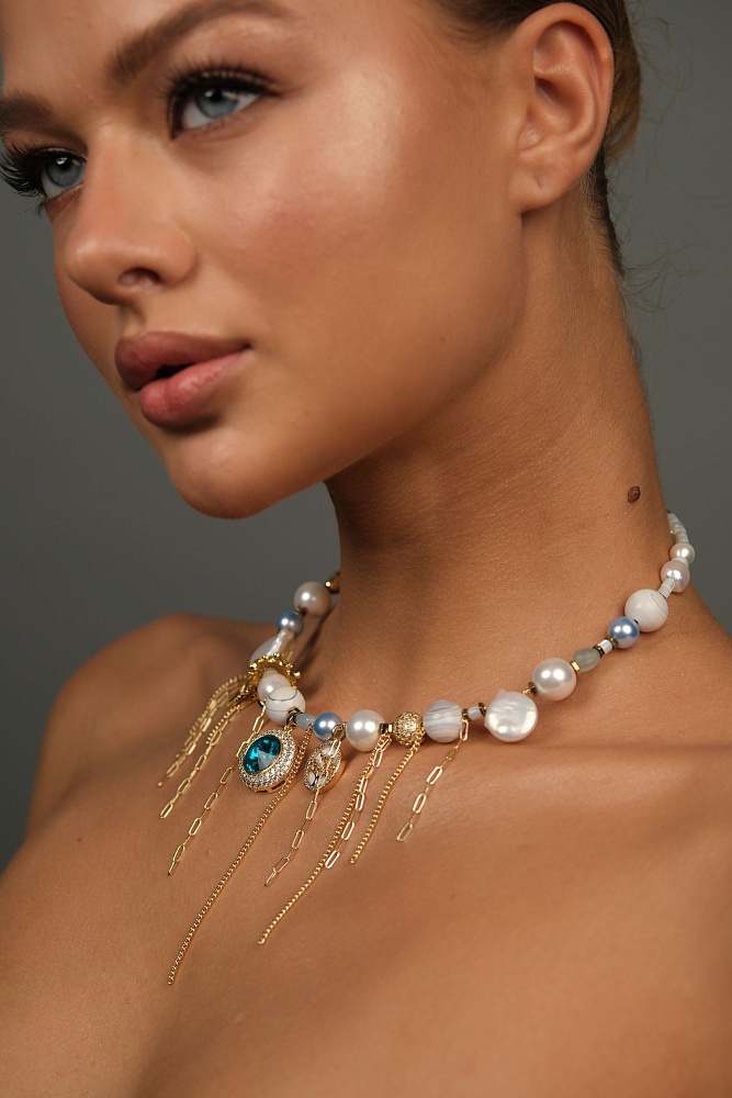 Колье «Ice perla» с натуральным жемчугом, аквамарином и агатом - фото 4