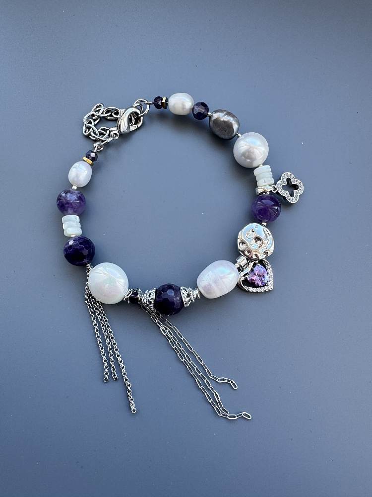 Браслет «Sugar grapes» с аметистом и натуральным жемчугом - фото 2
