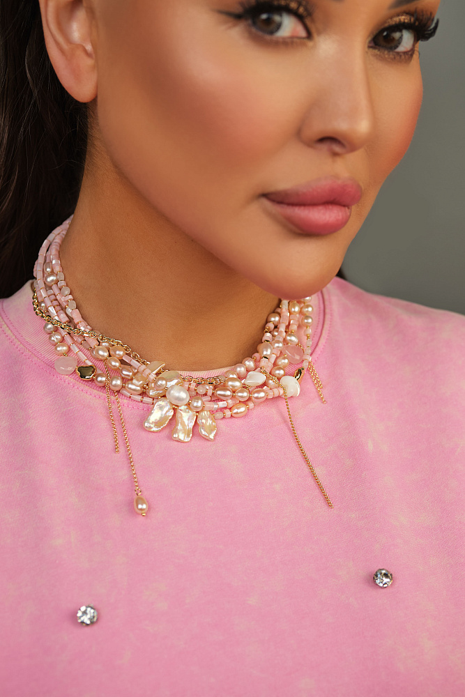Ожерелье-чокер  «Монако» с розовым жемчугом и розовым кварцем  - фото 3