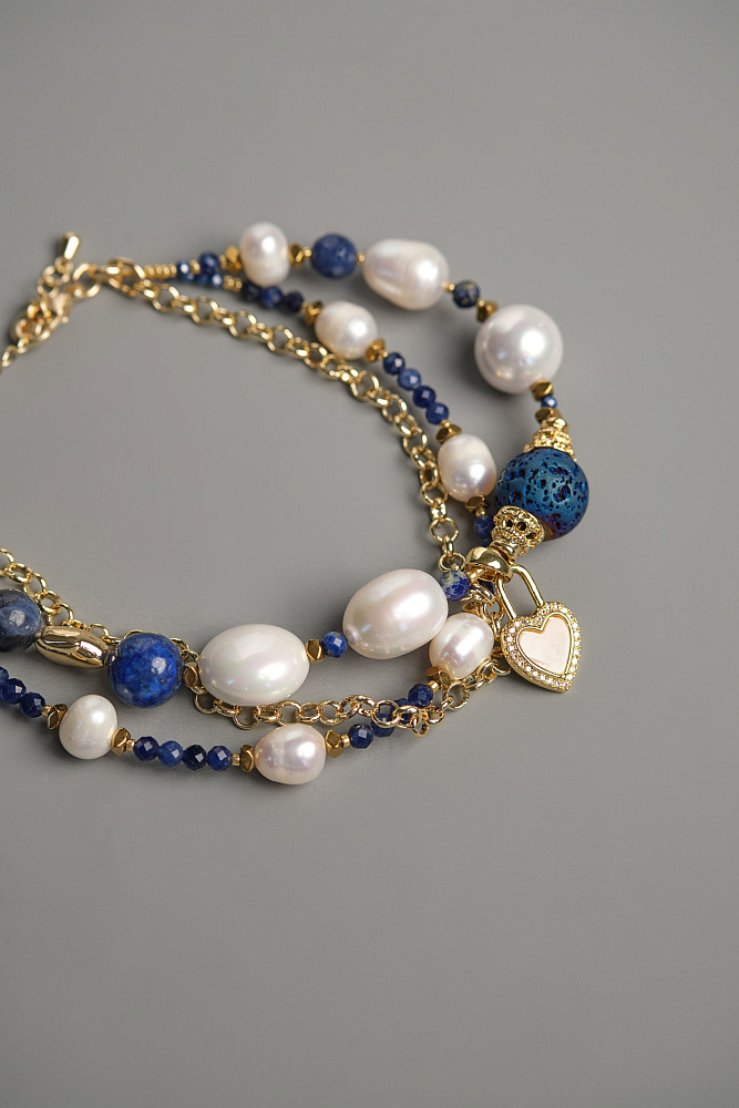 Браслет «Морские глубины» с натуральным жемчугом и лазуритом - фото 5