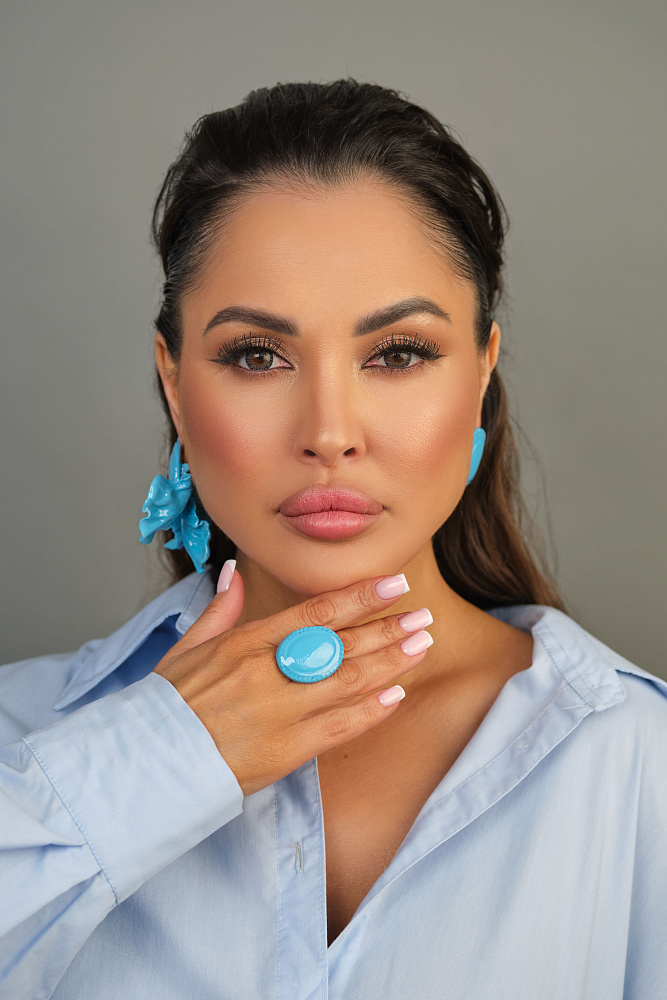 Серьги и кольцо «Фарфоровый цветок». Голубой цвет - фото 4