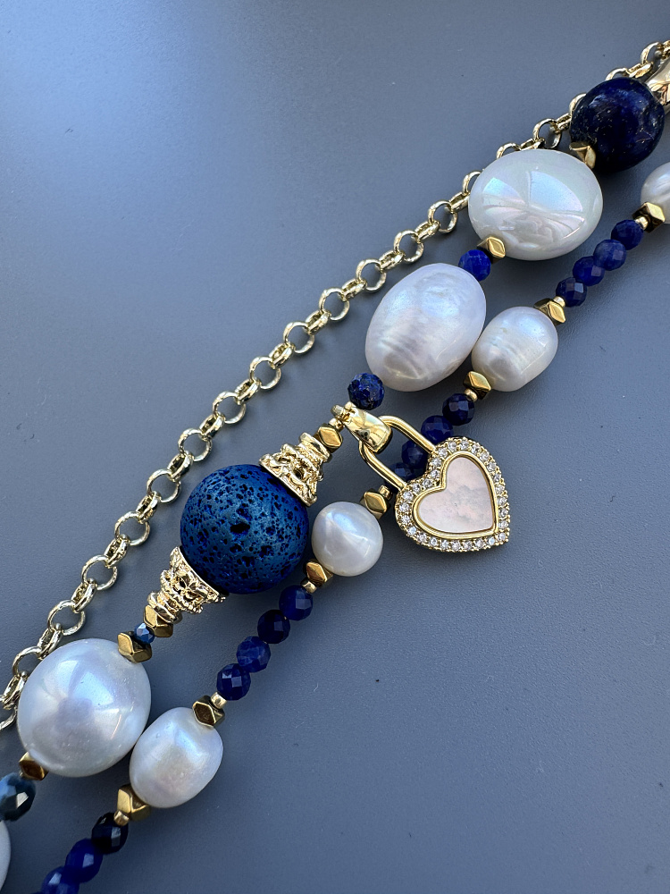 Браслет «Морские глубины» с натуральным жемчугом и лазуритом - фото 8