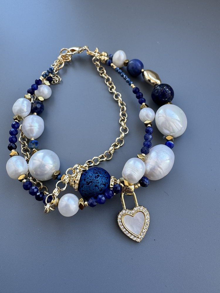 Браслет «Морские глубины» с натуральным жемчугом и лазуритом - фото 7